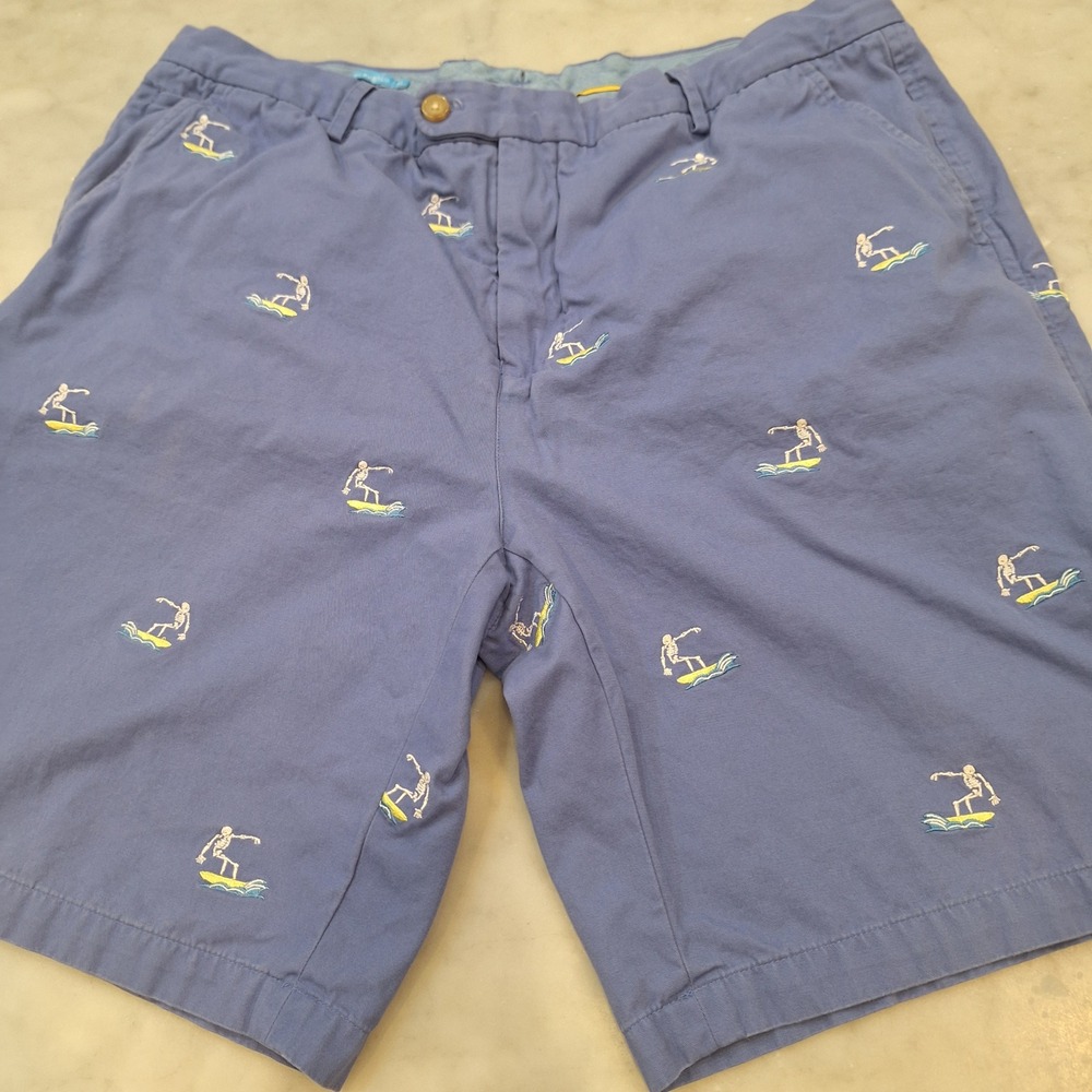 J.McLaughlin Chino Shorts Mens 38 Blue Surfing Skeleton Embroidered Cotton Beach